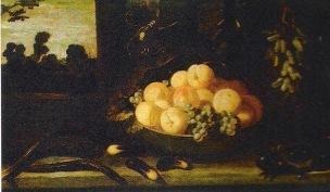 Van der Hamen 1623 Bol chinois avec peches et raisins paysage d'ete