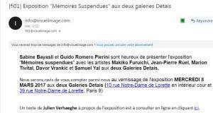 Galerie DETAIS  exposition « Mémoires Suspendues » à partir du 9 Mars 2017