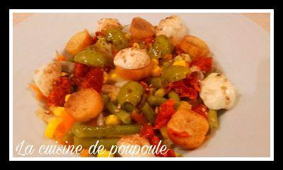 Salade haricots, mozza, olives verte, maïs, sésame et chorizo