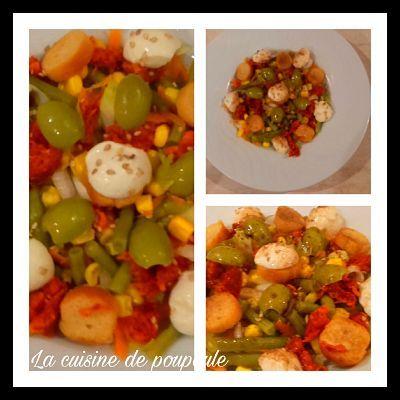 Salade haricots, mozza, olives verte, maïs, sésame et chorizo