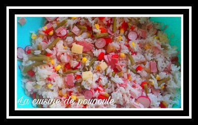 Salade de riz au radis rose, haricots, gruyère, oeufs, jambon et maïs