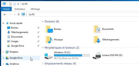 Comment ajouter Google Drive dans l’Explorateur de Windows 10 à la manière de OneDrive et Dropbox