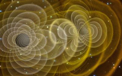 3D visualization of gravitational waves produced by two orbiting black holes