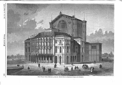 Le Palais des festivals de Bayreuth, une gravure et une carte postale de 1876