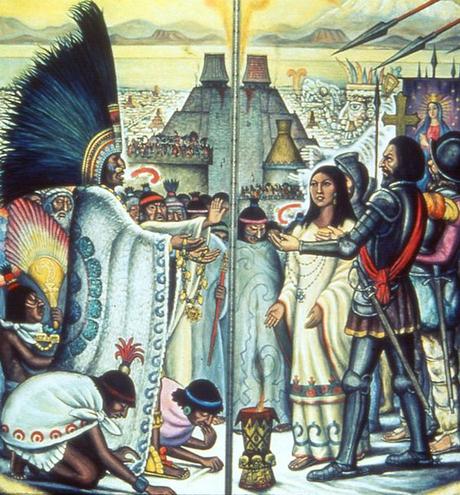 Monteczuma, Malinche, Cortés 1521, Tenochtitlán, por Diego Rivera: 