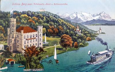 Carte postale ancienne: le château de Berg, la chapelle votive, un steamer sur le Starnbergersee et Les Alpes