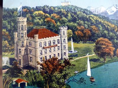 Carte postale ancienne: le château de Berg, la chapelle votive, un steamer sur le Starnbergersee et Les Alpes