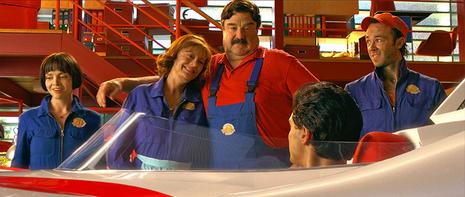 Christina Ricci as Trixie , Susan Sarandon as Mom Racer,  John Goodman as Pops Racer,  Emile Hirsch as Speed Racer and Kick Gurry as Sparky in Warner Bros. Pictures' Speed Racer - 2008