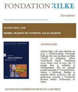 Fondation Rainer Maria RILKE à Sierre (Valais) le 10 Juin 2017 à 17h00
