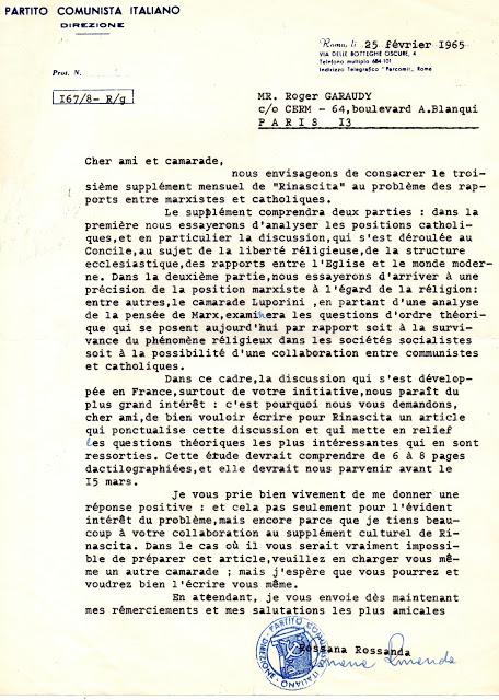 Une lettre du PC Italien à Roger Garaudy (1965)