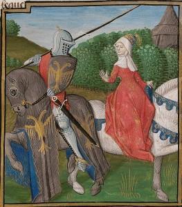 Gauvain vole au secours de la demoiselle à la ceinture d'or Manuscrit en quatre volumes réalisés pour Jacques d'Armagnac, duc de Nemours. Atelier d'Evrard d'Espinques. Centre de la France (Ahun), vers 1475