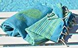 Fouta Drap de hammam XL 'Biarritz' | 100 % coton de grande qualité, très souple | serviette drap de plage, peshtemal | 100 x 190 cm | modèle unique de ZusenZomer ® (Turquoise et lime)