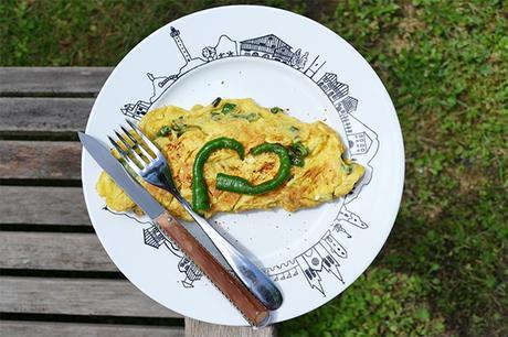 recette-omelette-piments-doux-basque l'omelette au piment doux est une recette emblématique du pays basque sur une assiette basque création béatrice pene pour assiettes et compagnie - fabrication revol porcelaines