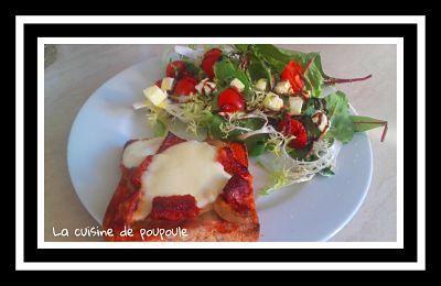 Tartines grillé d’aubergine, chorizo, tomates, mozza