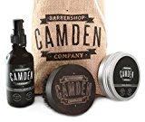 Camden Barbershop Company: Ensemble cadeau pour hommes, kit / coffret d'entretien et de soin pour barbe deluxe, comprenant brosse pour barbe en bois de noyer, huile et baume pour barbe