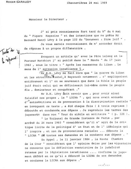 Roger Garaudy: demande s'un Droit de réponse au Figaro-Magazine (24 mai 1989) suite à un article citant B.H. Lévy
