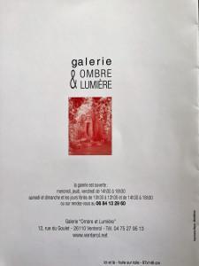 Galerie Ombre et Lumière à VENTEROL (drôme)  exposition Bernard MERLE  1er Octobre au 5 Novembre 2017