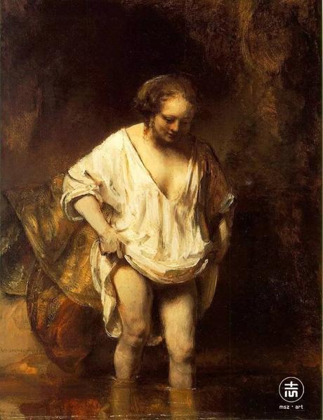 Peinture - Femmes, compagnes, maîtresses, modèles de peintres. Portraits Rembrandt - Une femme se baignant dans le courant (Hendrichie Stoffels), 1654