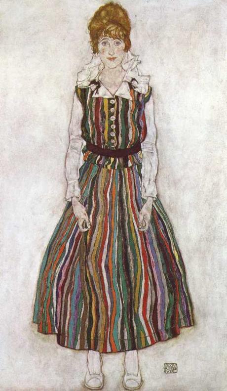 Peinture - Femmes, compagnes, maîtresses, modèles de peintres. Portraits Egon Schiele - Portrait d'Edith Schiele en robe à rayures, épouse du peintre depuis sa séparation en 1915 d'avec Wally Neuzil, 1915