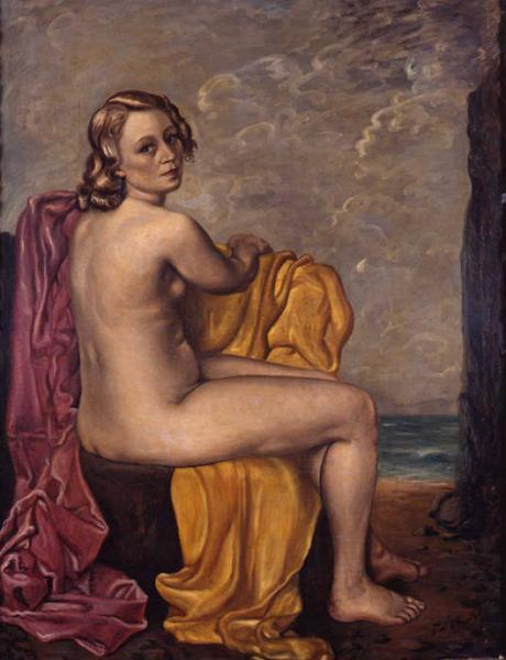 Peinture - Femmes, compagnes, maîtresses, modèles de peintres. Portraits Giorgio di Chirico - Nu assis avec draps rouge et jaune (Portrait d'Isabella Pakszwer, la femme du peintre), 1941