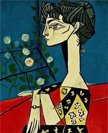 Peinture - Femmes, compagnes, maîtresses, modèles de peintres. Portraits Pablo Picasso - Portrait de Jacqueline avec des fleurs (Jacqueline Roque épouse du peintre de 1961 à sa mort en 1973, 1954