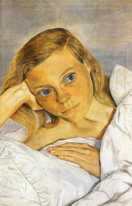 Peinture - Femmes, compagnes, maîtresses, modèles de peintres. Portraits Lucian Freud - Girl in a Bed (Lady Caroline Blackwood, la richissime jeune fille que le peintre vient d'enlever et d'épouser à Paris), 1952