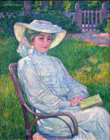 Peinture - Femmes, compagnes, maîtresses, modèles de peintres. Portraits Théo van Rysselberghe - La dame en blanc, portrait de Maria van Rysselberghe femme de l'artiste et amie et confidente d'André Gide qui aura un enfant avec sa fille Elisabeth), 1926