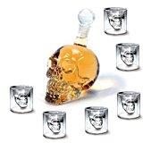 Amzdeal Bouteille de Vin en Forme de Crâne 350ml avec 6 Verres à Whisky/Liqueur Tête de mort 75ml, Carafe de Vodka /Whisky en verre cristal transparent