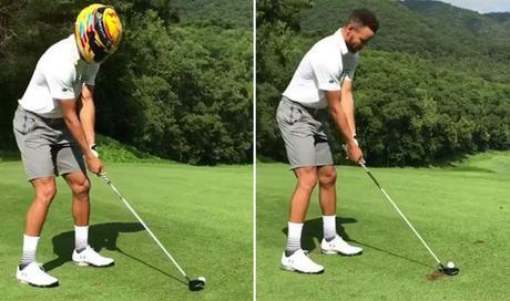 Steph Curry tente de jouer au golf avec la casque de Lewis Hamilton