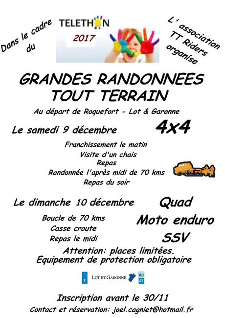 Rando 4X4, quad, moto et SSV Téléthon des TTR à Roquefort (47), le 9 et 10 décembre 2017