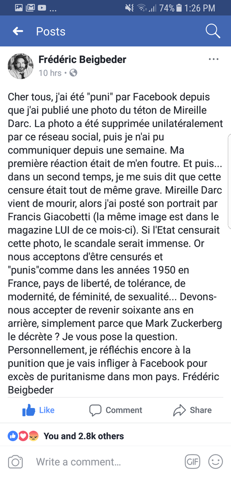 Beigbeder, Facebook et le téton de Mireille Darc