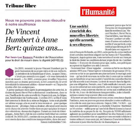 De Vincent Humbert à Anne Bert : bientôt 15 ans… (Tribune dans l'Humanité) l'humanité,jean luc romero,admd