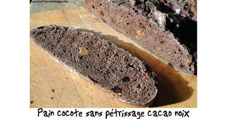Pain cocotte sans pétrissage cacao, noix, raisins secs