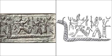 Dragon, entre le réel le sacré et la malédiction Dieu Marduk tuant Tiamat, sceau-cylindre néo-assyrien, 900-750 av. J.-C.002