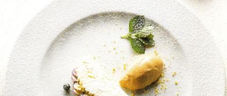 Glace à l’églantier et biscuit tiède à la crème au yaourt et aux myrtilles