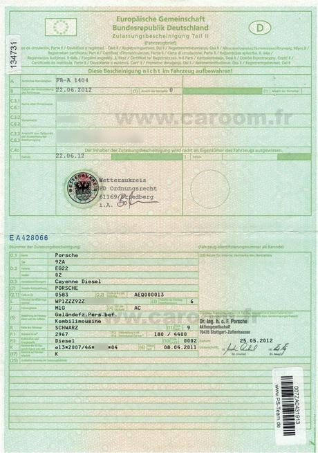Certificat d'immatriculation d'un véhicule allemand sur lequel figurent les champs K et D2
