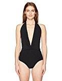 Robin Piccone Women's Ava Solid Plunging V Neck Halter One Piece Swimsuit, Black, 8