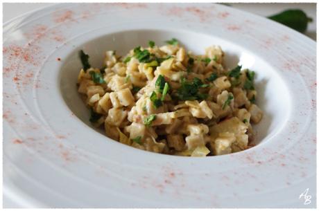 Crozets au piment d’Espelette et fondue de poireaux comme un risotto