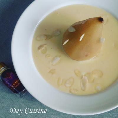 Poire pochée & crème anglaise au safran - L'Or rouge des Ardennes