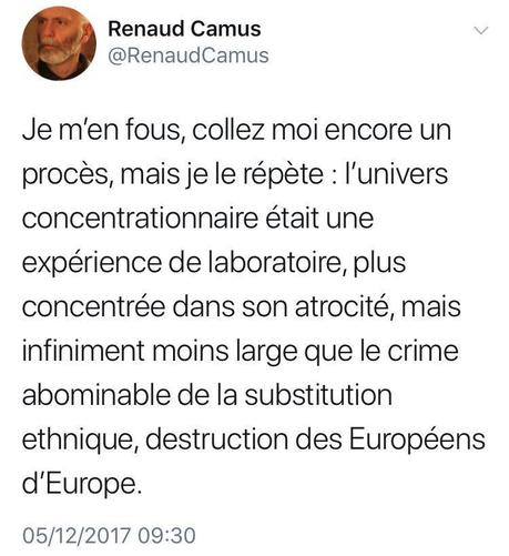 On attend avec (grande) impatience que Renaud Camus ferme sa gueule (et que la justice fasse son travail) #antifa