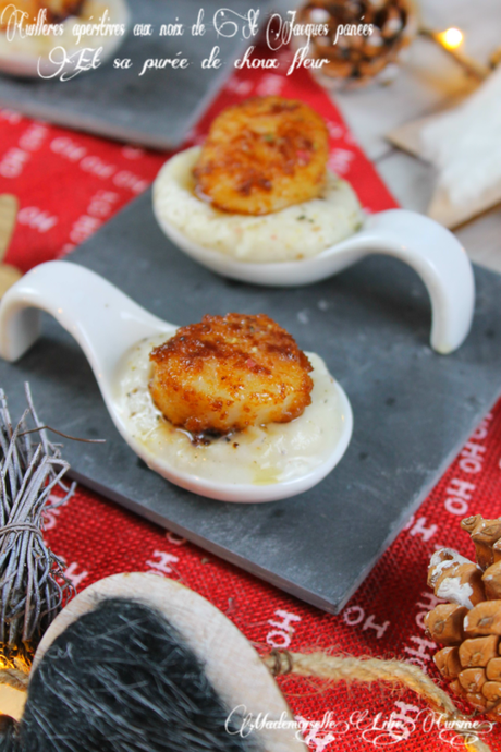 Cuillères apéritives à la Noix de Saint Jacques panées et sa purée de choux fleur