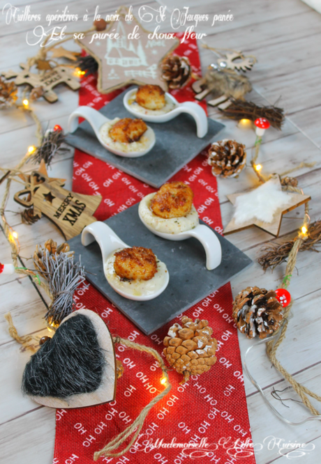Cuillères apéritives à la Noix de Saint Jacques panées et sa purée de choux fleur