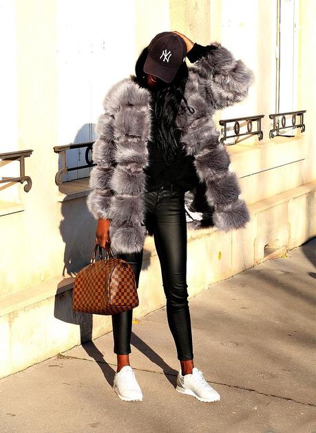 fake-fur-coat-chiquelle-white-sneakers-luxury-bag-speedy-damier-ebene
