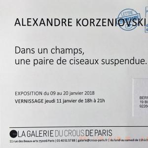 Galerie du CROUS de Paris  exposition  Alexandre KORZENIOVSKI    « Dans un champs, une paire de ciseaux suspendue » 9/20 Janvier 2018