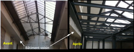Vue intérieure de l'entrepôt et de la structure treillis métallique : A gauche avant renforcement, reposant sur le bâtiment voisin et à droite après renforcement en appui sur les poteaux métalliques