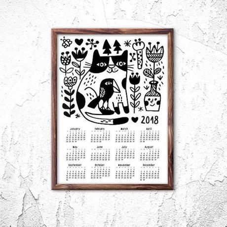 calendrier 2018 original accrocher au mur noir et blanc cadre bois joli chat animaux oiseaux fleurs
