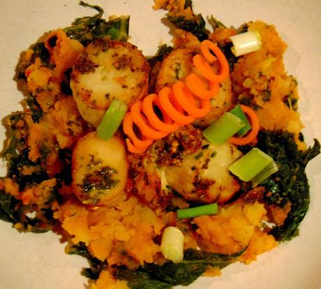 Pétoncles de pleurotes sur purée de pomme de terre au pesto et kale Pétoncles de pleurotes sur purée de pomme de terre au pesto et kale