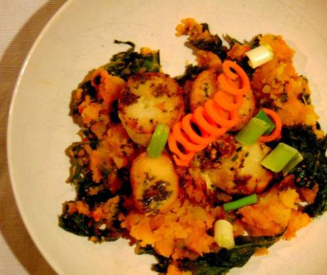 Pétoncles de pleurotes sur purée de pomme de terre au pesto et kale Pétoncles de pleurotes sur purée de pomme de terre au pesto et kale