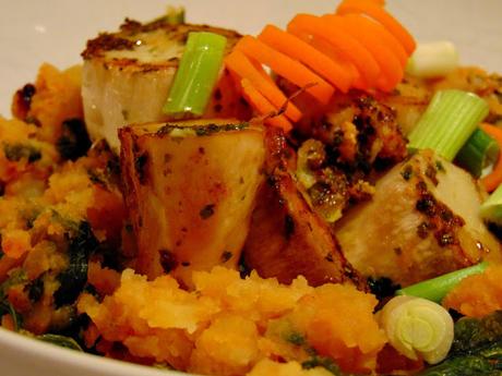 Pétoncles de pleurotes sur purée de pomme de terre au pesto et kale Pétoncles de pleurotes sur purée de pomme de terre au pesto et kale