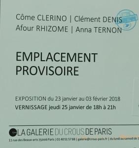 Galerie du CROUS PARIS  « Emplacement Provisoire »  23 Janvier au 3 Février 2018